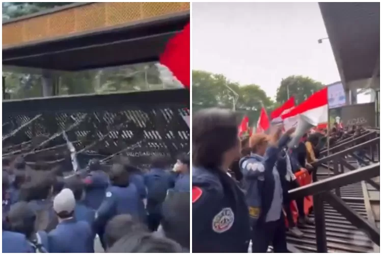 Video detik-detik sejumlah massa aksi demo tolak RUU Pilkada berhasil jebol gerbang gedung DPR RI (Foto: Kolase X (Twitter))