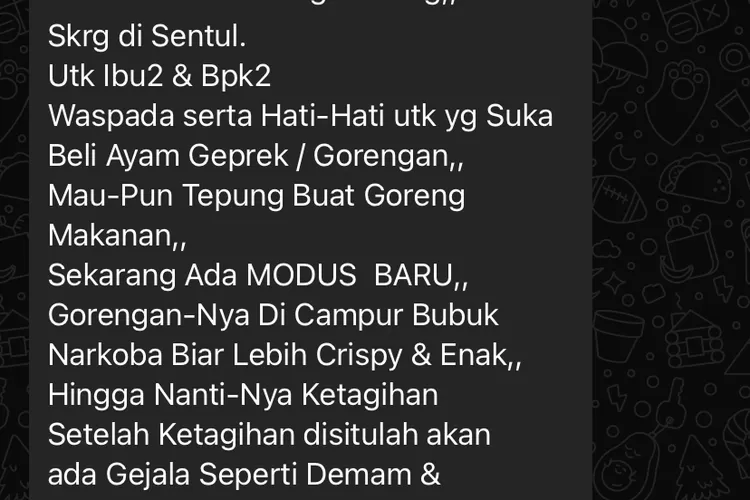 Narasi gorengan campur barkoba yang beredar di media sosial dan aplikasi pesan WhatsApp. (Tangkapan layar)