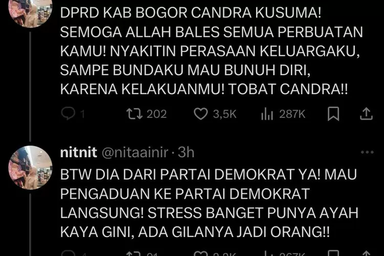Postingan salah satu akun X yang mengaku anak dari salah satu anggota DPRD Kabupaten Bogor. (X)