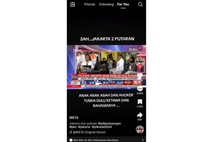 Unggahan video di TikTok pada 29 November menarasikan KPU telah memutuskan pemilihan kepala daerah atau Pilkada Jakarta 2024 resmi akan dilangsungkan dua putaran. (tangkapan layar)