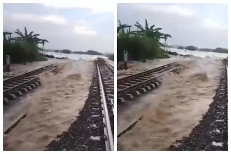 Banjir yang melanda petak jalan antara Stasiun Gubug dan Stasiun Karangjati di Kabupaten Grobogan, Jawa Tengah. (Kolase)