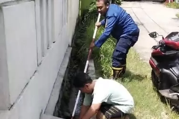 Petugas Damkar saat mengevakuasi bola yang tercebur got di Perumahan Metland, Kecamatan Cileungsi, Kabupaten Bogor. (Damkar)