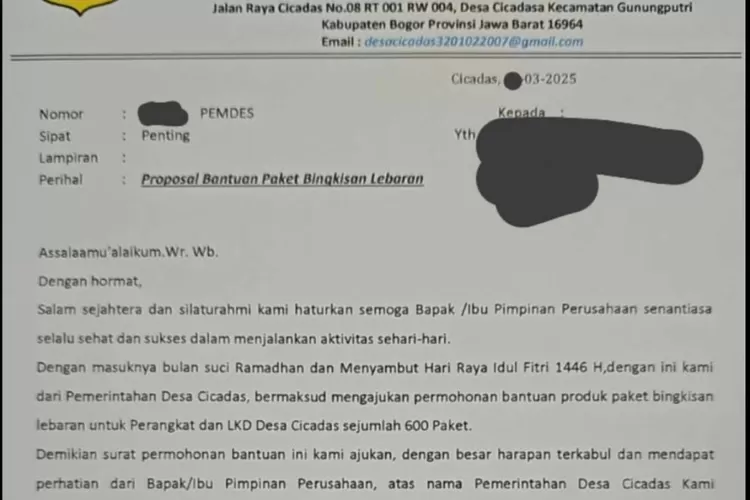 Surat permohonan paket THR Desa Cicadas, Kecamatan Gunungputri, Kabupaten Bogor yang viral di media sosial. (Ist)