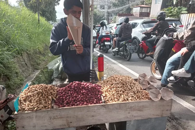M Jeni tetap semangat berjualan di jalur Puncak Bogor meski dengan keterbatasan fisik. (Fahrizal)