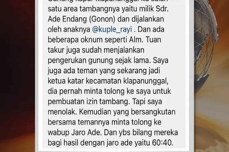 Unggahan Instagram Bro Ron soal informasi tambang di Klapanunggal, Kabupaten Bogor. (Instagram @brorondm)