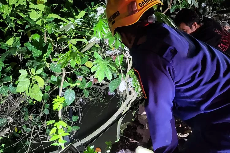 Petugas Damkar saat mengevakuasi sepeda motor yang tercebur di Kali Ciluar, Sukaraja, Kabupaten Bogor. (Damkar)