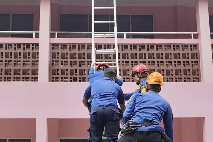 Petugas Damkar Kabupaten Bogor saat mengevakuasi kunci motor yang tersangkut di atap SDN Pabuaran 03, Kecamatan Cibinong, Kabupaten Bogor. (Damkar Kabupaten Bogor)