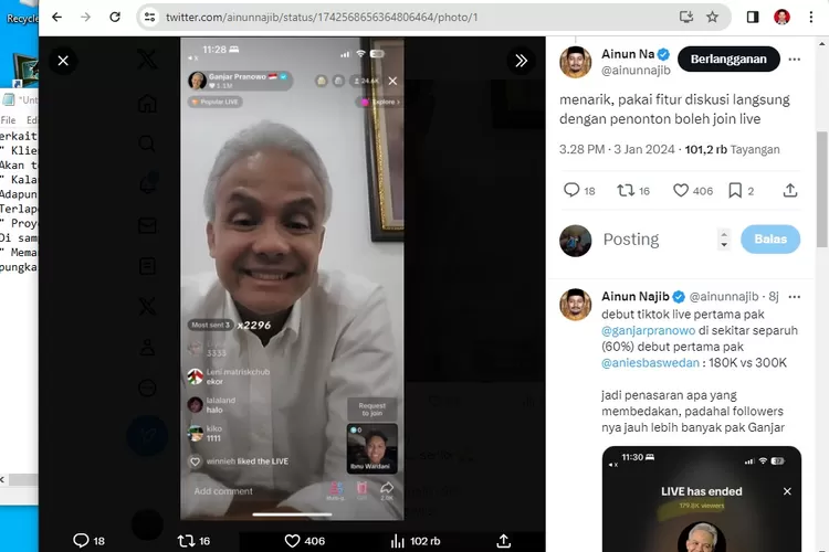 Capres kini berebut simpati cerug milenial melalui live tiktok (tangkapan layar tiktok)
