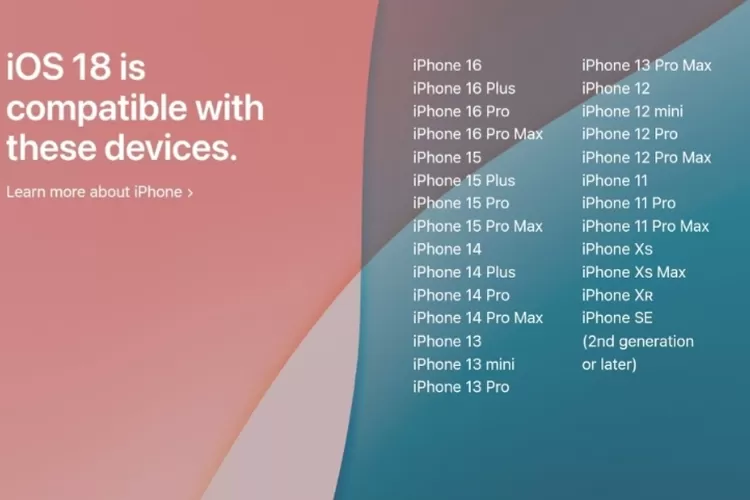 Daftar iPhone yang mendapatkan pembaruan iOS 18. (Kredit: Apple)