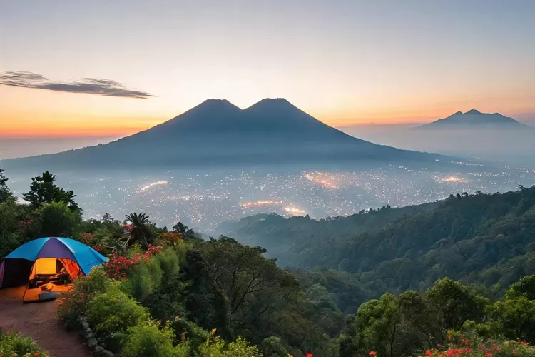 Ilustrasi panorama Bukit Alesano di Bogor dengan sunrise indah (Meta AI)