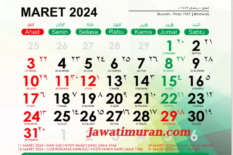 Kalender Jawa Maret 2024 Lengkap dengan Weton untuk Menghitung Hari