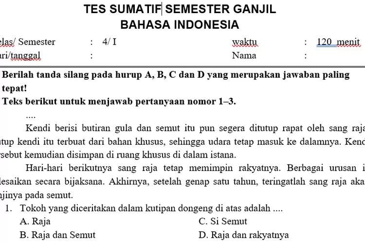 Kurikulum Merdeka, Intip Soal Tes Sumatif Bahasa Indonesia Kelas 4 ...