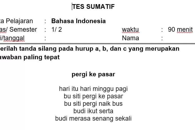 Aneka Soal Tes Sumatif Bahasa Indonesia Kelas 1 Semester Ganjil Sesuai ...