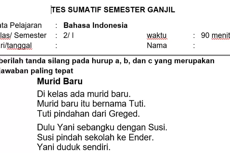 Contoh Soal Tes Sumatif SD/MI Bahasa Indonesia Kelas 2 Semester Genap ...