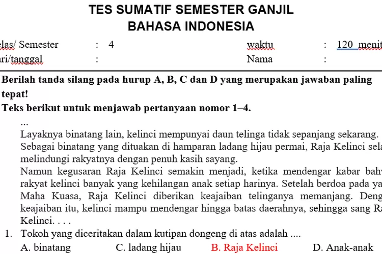 Persiapan Tes Sumatif Bahasa Indonesia Kelas 4 Semester Ganjil Lengkap ...