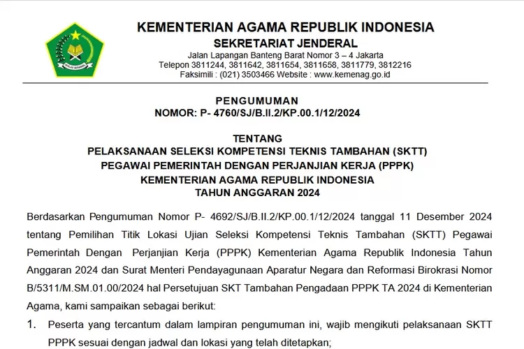 Pengumuman Pelaksanaan Seleksi Kompetensi Teknis Tambahan Sktt Pppk Kemenag Ini Jadwal