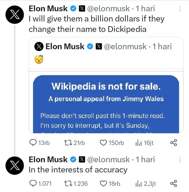 Elon Musk Tawarkan Rp 16 Triliun Ke Wikipedia, Jika Situs Tersebut ...