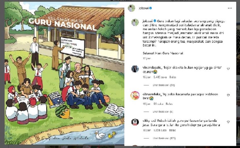 Poster Selamat Hari Guru Nasional. Presiden Jokowi memposting posten ucapan Selamat Hari Guru Nasional di Instagramnya.