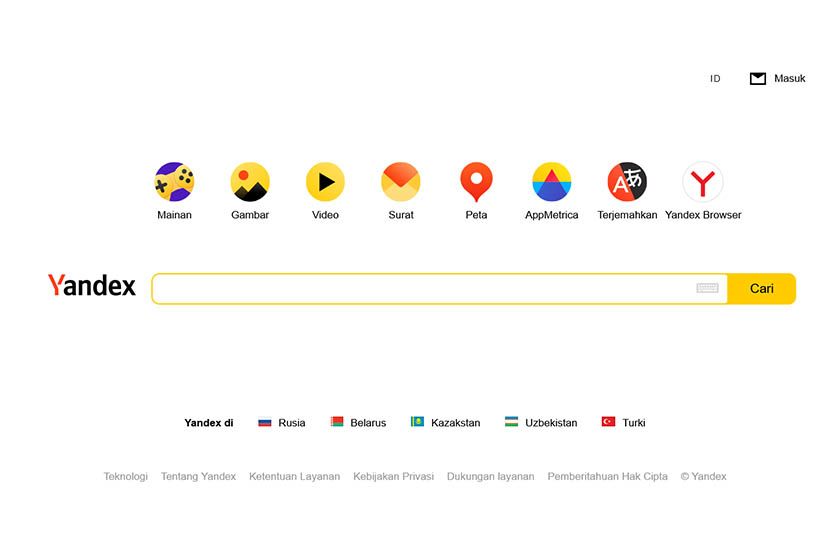 Screenshot situs web Yandex. Ilustrasi cara menggunakan Yandex