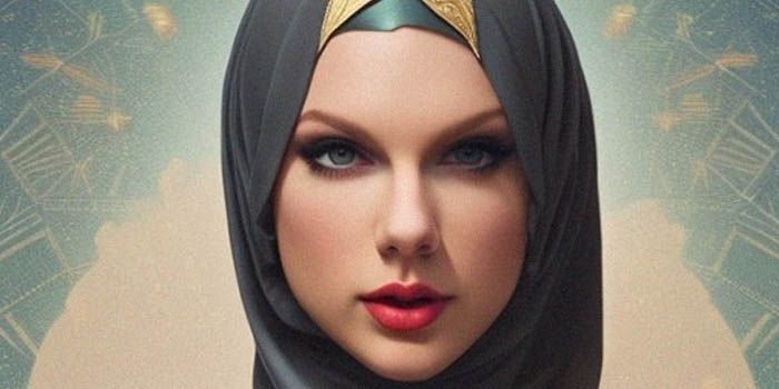 Taylor Swift mengenakan hijab, contoh karya seni hasil AI Art Generator