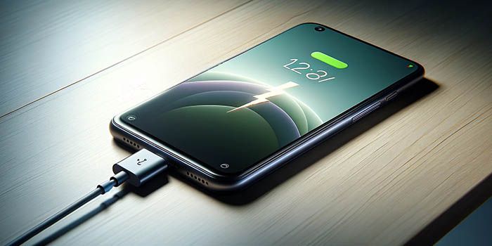 Gambar HP Android sedang dicas dengan mode fast charging. 