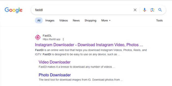 Screenshot cara download video di IG lewat Google menggunakan FastDL