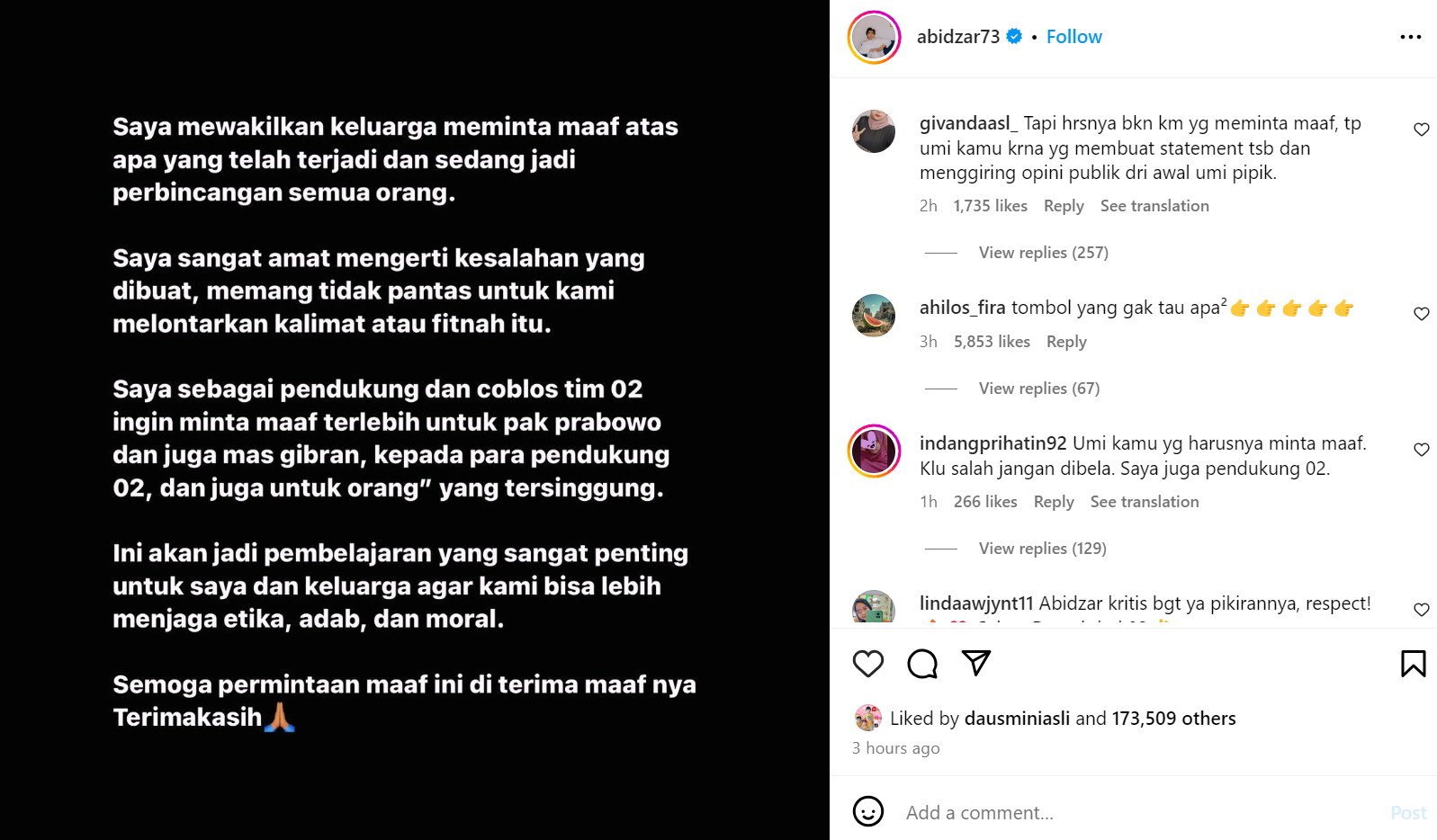 Abidzar Al Ghifari Minta Maaf atas Kontroversi Pernyataan Ibunya, Umi Pipik,  Tentang Pemilu 2024 - Cari Aku