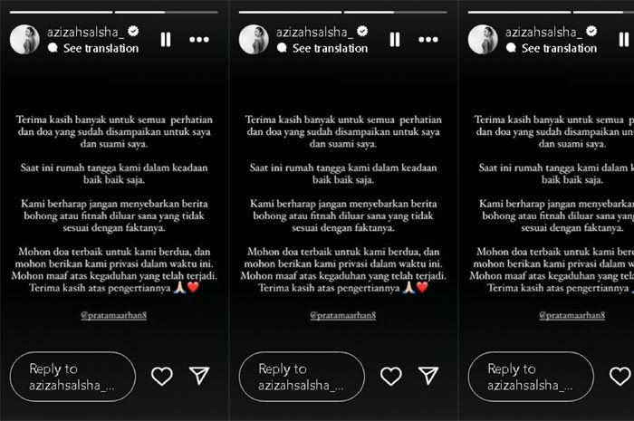 Tangkap layar Instagram Story azizahsalsha_