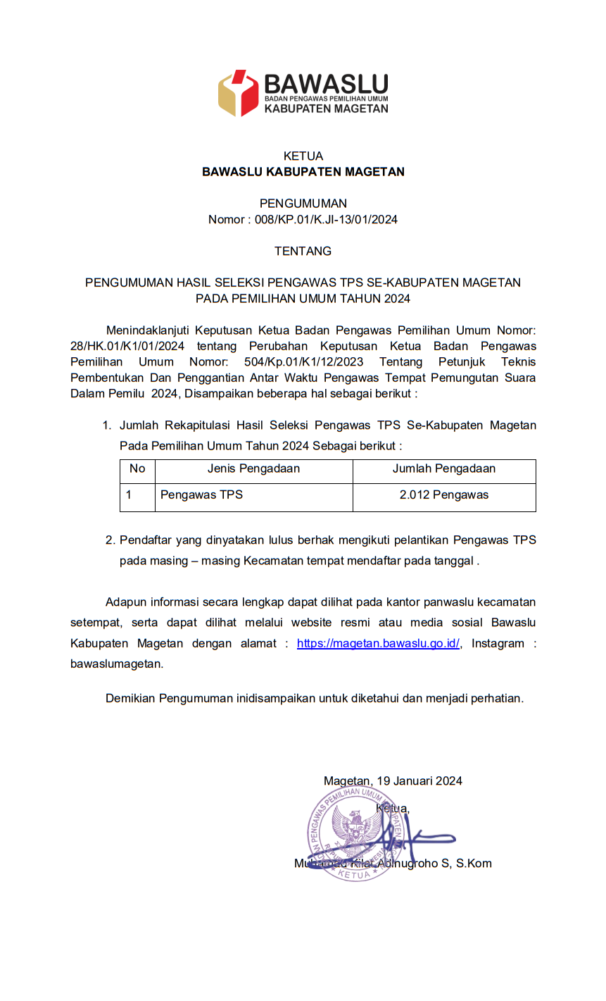 Pengumuman Hasil Seleksi Pengawas TPS Pemilu 2024 Di Magetan, Simak Di ...