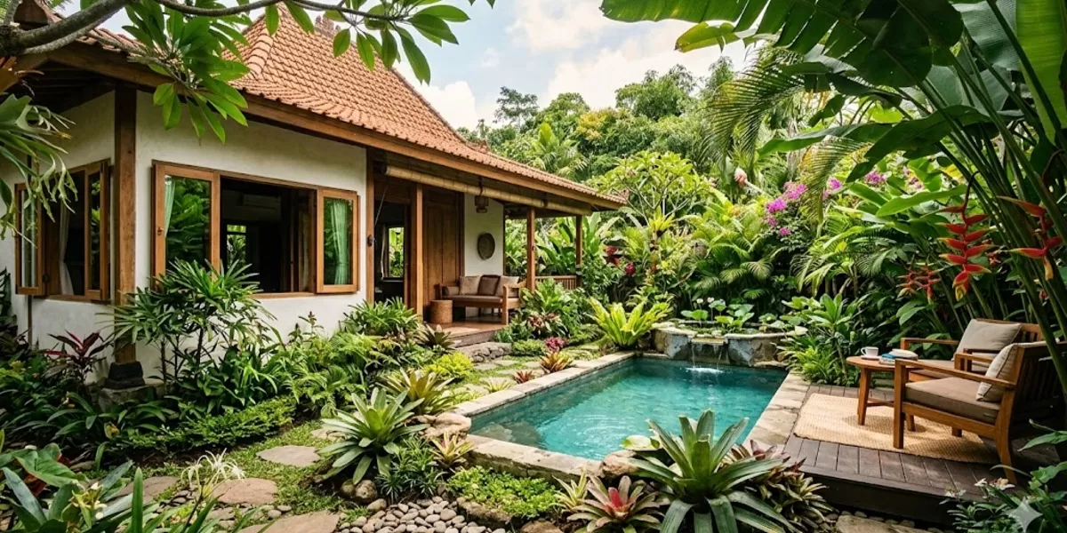 Rumah sejuk dengan kolam mini (Gemini ai)