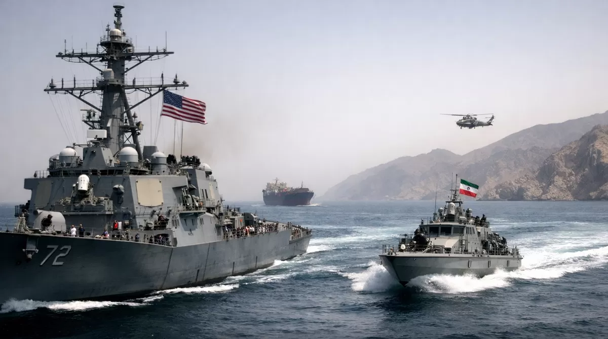 Kapal militer melintas di Selat Hormuz saat ketegangan meningkat, sementara upaya Donald Trump membangun koalisi menghadapi penolakan sekutu. (Ilustrasi dibuat ChatGPT)