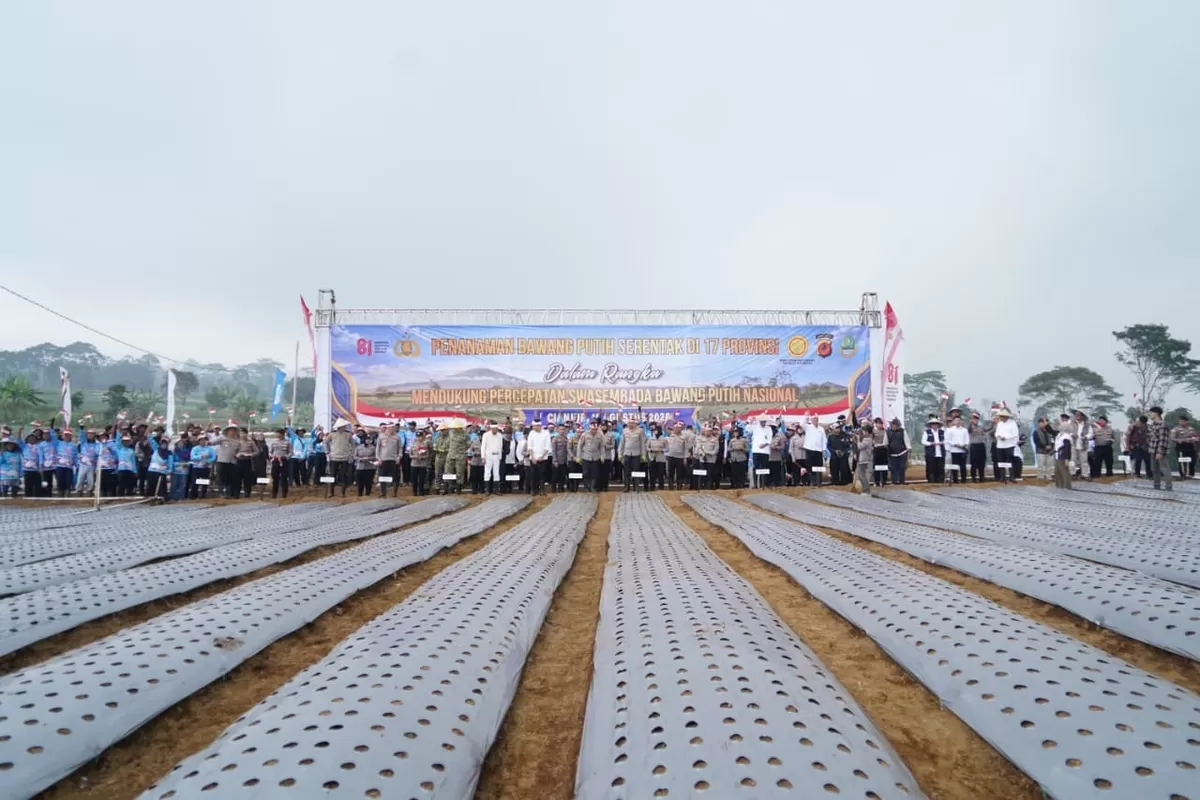 Wakapolri Komjen Pol. Dedi Prasetyo memimpin penanaman perdana bawang putih di Kampung Maleber, Desa Ciherang, Pacet, Cianjur. (FOTO: Ist)