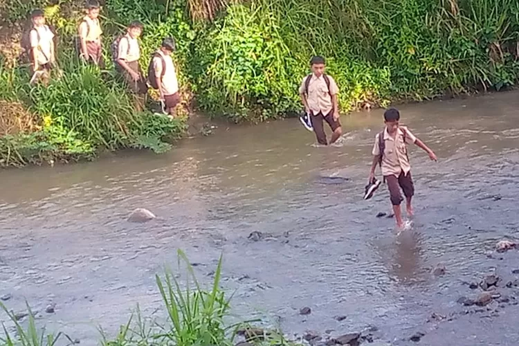 Siswi menyeberangi sungai menuju sekolah.  (IST)