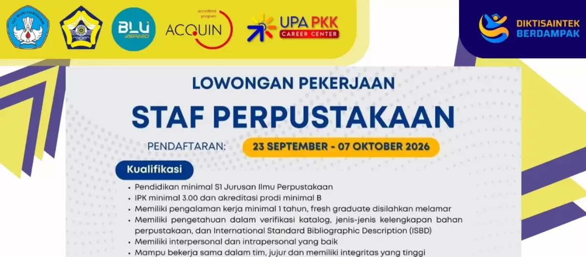 Lowongan Kerja Staf Perpustakaan di Sangatta Kaltim, Lulusan S1 Bisa Daftar/ Instagram  cdc_upapkkunib 