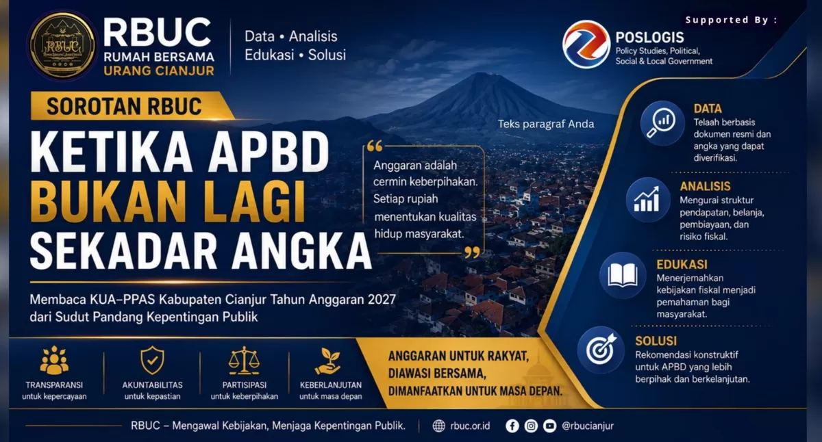 Infografis publikasi Rumah Bersama Urang Cianjur (RBUC) terkait telaah KUA-PPAS Kabupaten Cianjur Tahun Anggaran 2027 yang menyoroti rencana pembiayaan pinjaman daerah serta pergeseran struktur belanja untuk kepentingan publik di Cianjur. (FOTO: Ist)