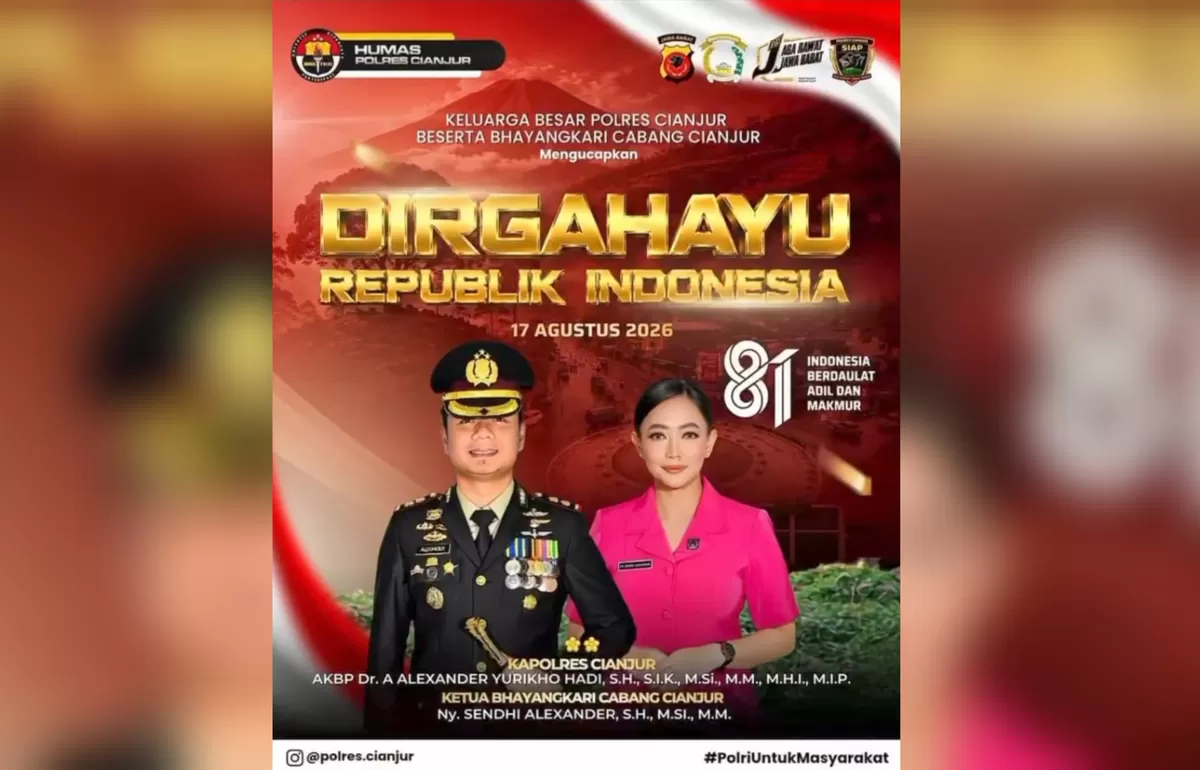 Kapolres Cianjur AKBP Dr. A. Alexander Yurikho Hadi bersama Ketua Bhayangkari Cabang Cianjur Ny. Sendhi Alexander menyampaikan ucapan Dirgahayu Ke-81 Republik Indonesia pada 17 Agustus 2026. (FOTO: Ist)