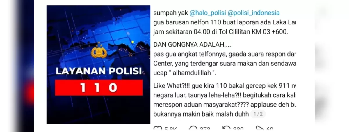 Viral keluhan pelayanan Layanan 110 Polri di media sosial. (Tribrata - Threads/de.pirjin)