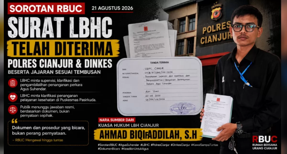 Permohonan supervisi dan klarifikasi penanganan perkara Agus Suhendar dari LBH Cianjur resmi diterima Polres Cianjur. (FOTO: Ist)