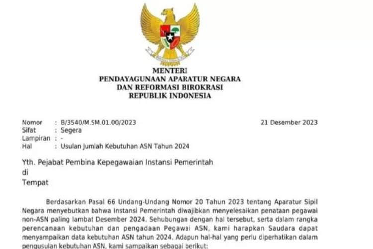 Surat Edaran Dari MenPANRB: Usulan Jumlah Kebutuhan ASN Tahun 2024 ...