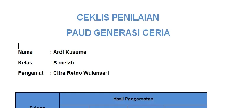 Download Contoh Ceklis Anak PAUD Dan TK Kurikulum Merdeka, Format Doc ...