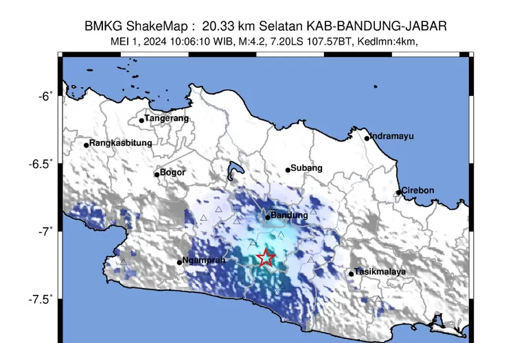 Hari Rabu, 01 Mei 2024, tepat pada pukul 10:06:10 WIB, wilayah Kabupaten Bandung dan sekitarnya di Jawa Barat mengalami guncangan gempa bumi tektonik (BMKG)