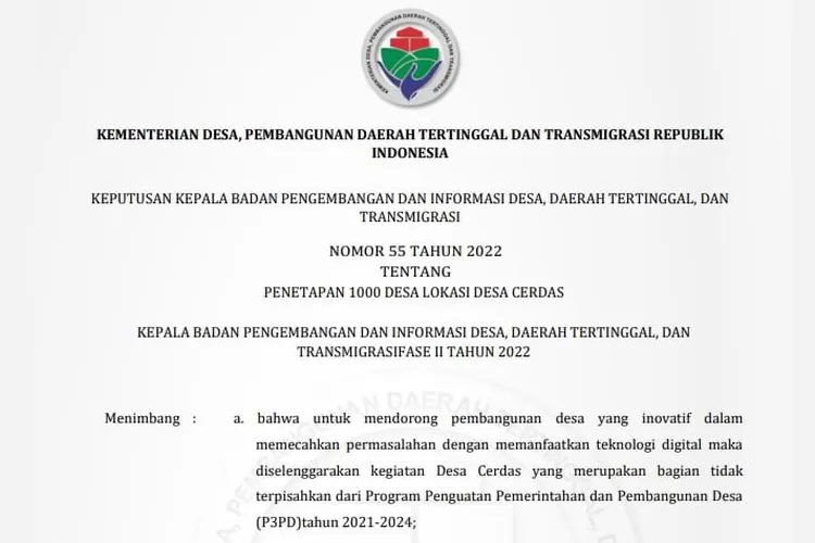 Foto : Surat Keputusan (SK) Kepala Badan Pengembangan dan Informasi Desa, Daerah Tertinggal, Dan Transmigrasi Nomor 55 tahun 2022 Tentang Penetapan 1000 Desa Lokasi Desa Cerdas (Screnshot Tim MetroNTB)