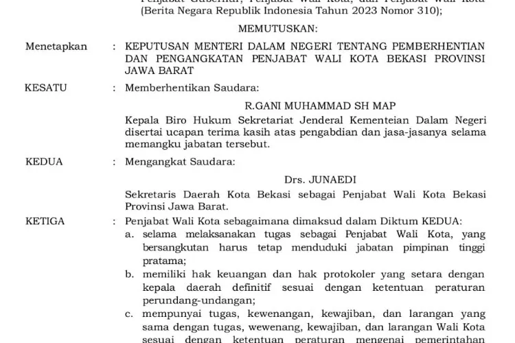 Penggalan surat pemberhentian Gani Muhamad sebagai Pj Wali Kota Bekasi yang beredar di media sosial. (istimewa)