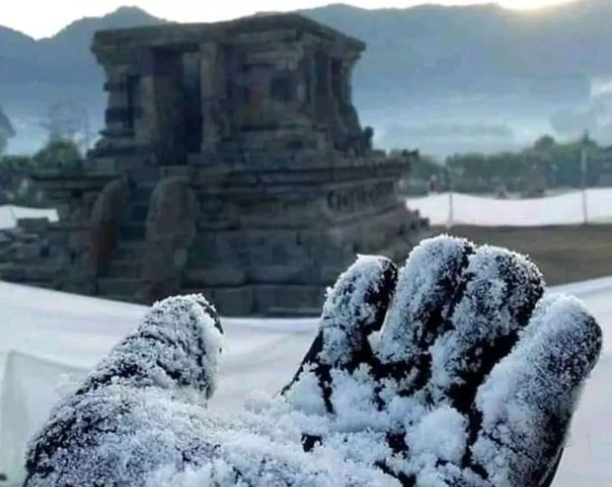 Potret dataran tinggi Dieng membeku diselimuti salju, atau bun upas, embun beku muncul pagi hari saat suhu mencapai minus 6 derajat celsius (X/borobudurnews_)