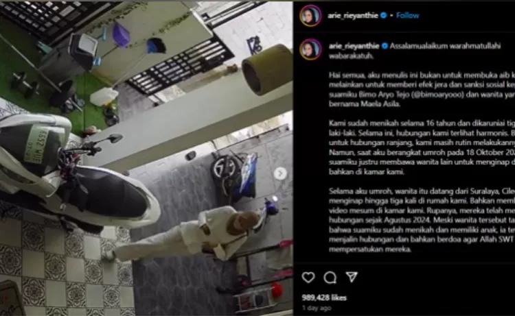 Unggahan Instagram Selebgram Arie Rieyanthie terkait kasus perselingkuhan suaminya, Bimo Aryo Tejo. 