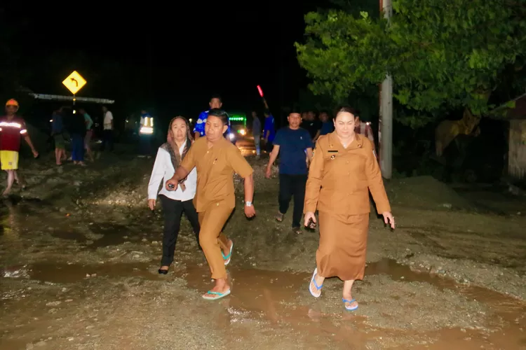 Bupati Donggala Vera Elena Laruni meninjau banjir di Donggala pada Selasa malam (15/4/2025).