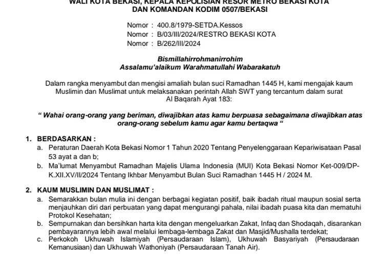 Pemkot Bekasi merevisi Maklumat bersama terkait Ramadhan yang menegaskan bahwa jam operasional hiburan umum ditutup, pada Sabtu (9/3/2024). (FOTO: Maklumat Bersama Ramadhan 1445 Hijriah) 