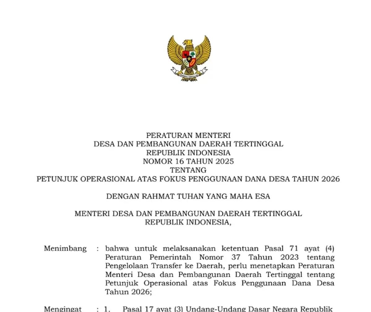 Permendesa dan PDT tentang fokus penggunaan dana desa 2026 (Foto:Kemendesa)