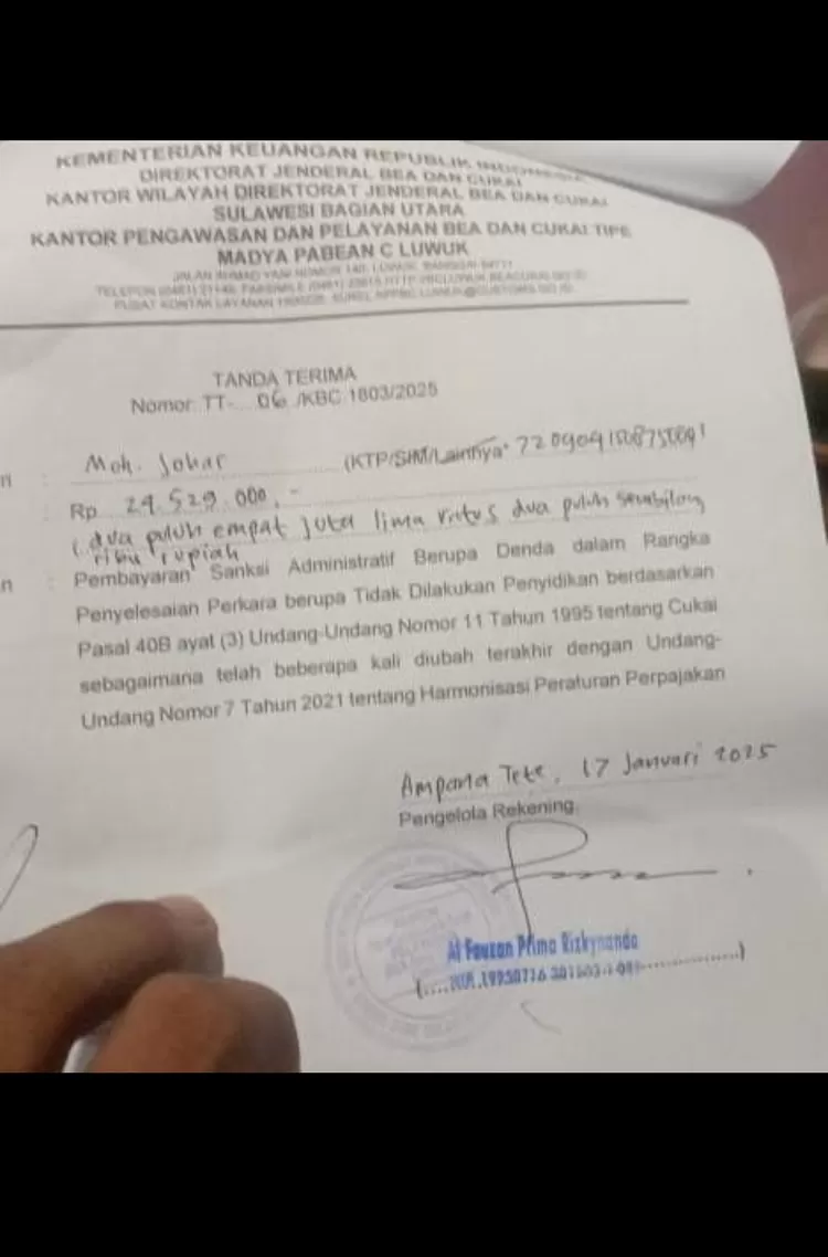 Dugaan hasil denda bea cukai ke warga Sabo. Foto: Istimewa