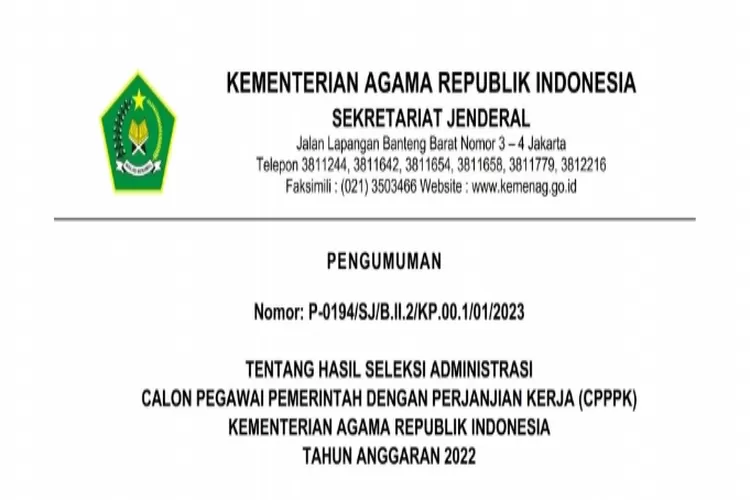 PENGUMUMAN RESMI Hasil Seleksi Administrasi PPPK Kemenag 2022, Cek Nama ...